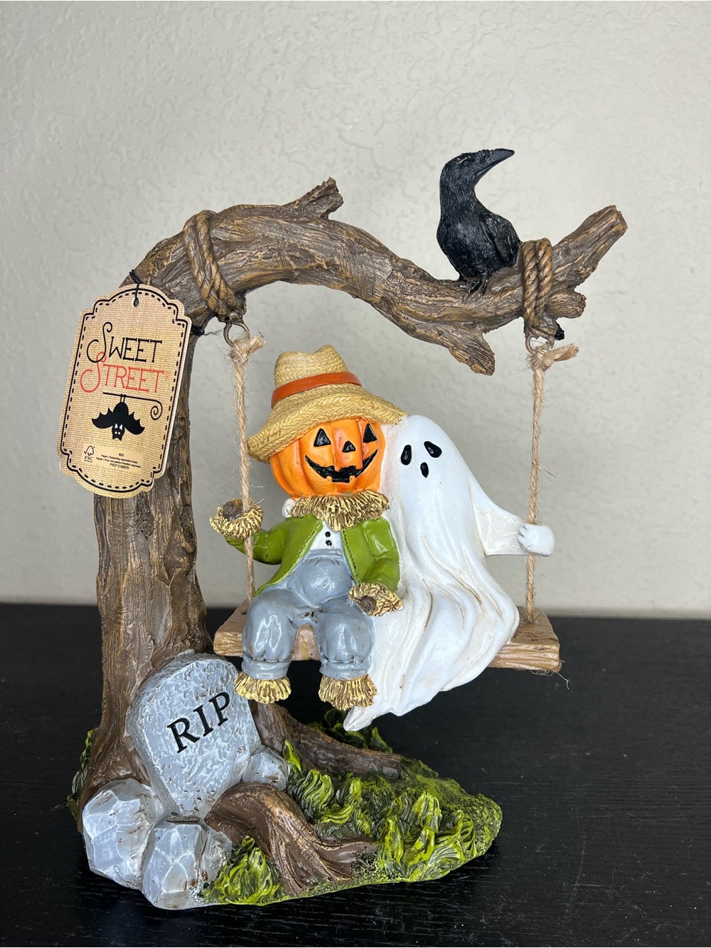 NEW Sweet Street Halloween Pumpkin Scarecrow & Ghost on a Swing Decor